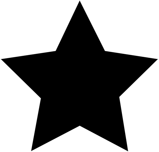 Une étoile noire à cinq branches aux bords nets sur fond blanc. L'étoile est centrée et présente une forme symétrique.