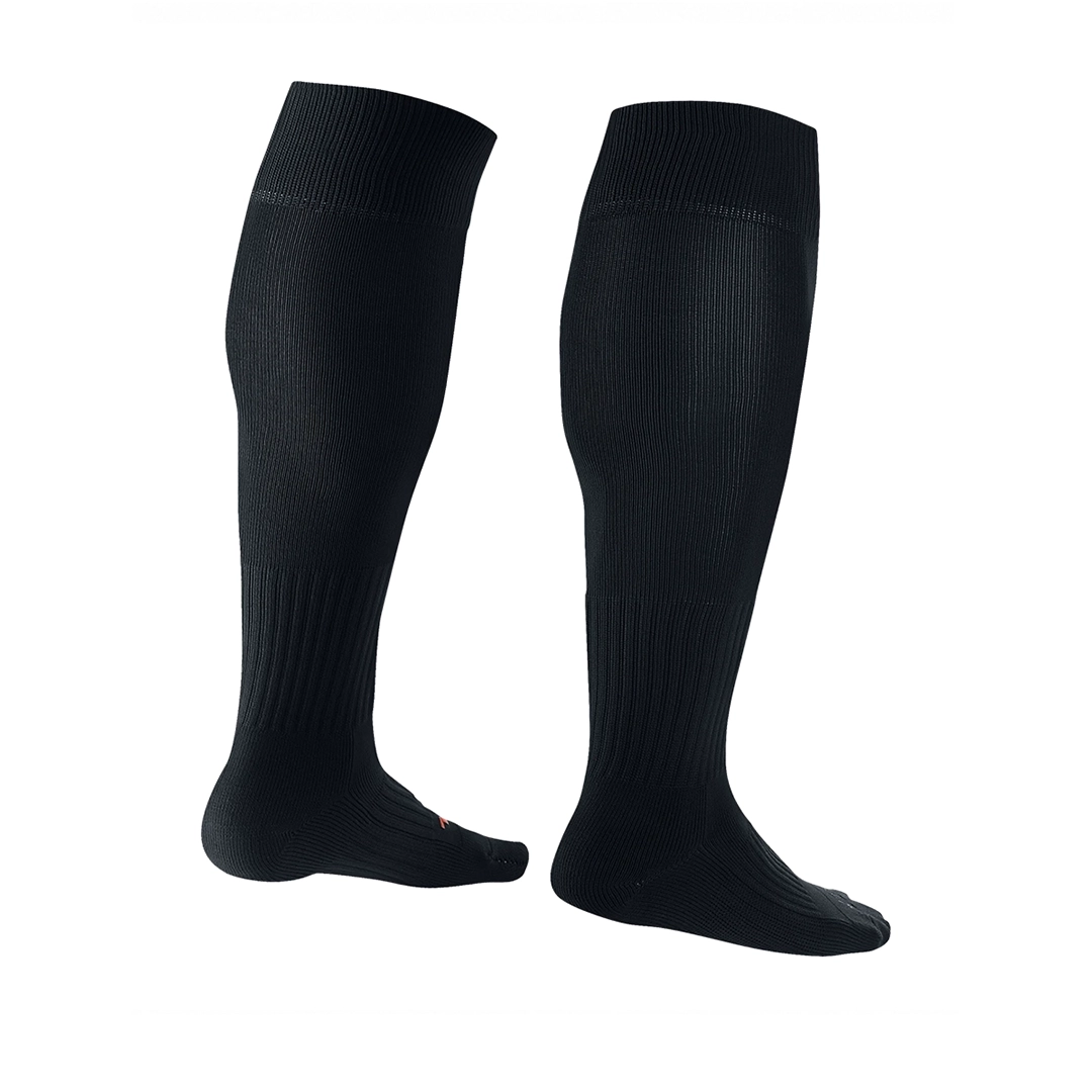 Une paire de chaussettes noires montant jusqu'aux genoux avec des logos Nike blancs près du haut du devant. L'une porte l'inscription « LEFT » sur la zone des orteils, tandis que l'autre porte l'inscription « RIGHT ». Les deux chaussettes comprennent des revers côtelés, ce qui les rend idéales pour les chaussettes.