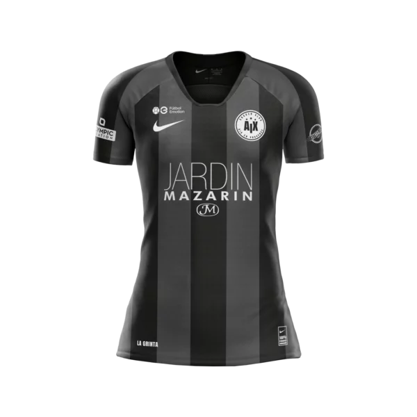 Le Maillot Domicile 2025/2026 est un maillot de sport noir avec une bande verticale blanche au centre, comportant le logo du sponsor « Jardin Mazarin » et l'insigne circulaire blanc AJX sur la poitrine. Le logo Nike est affiché sur le côté droit et « LA GRINTA » est imprimé près du bas.