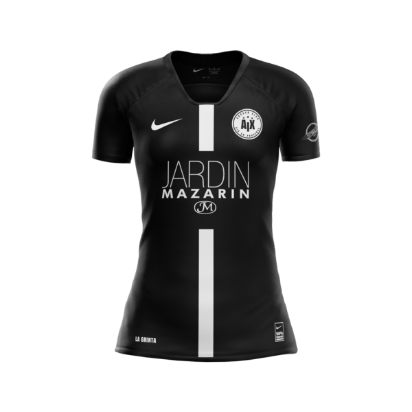 Le Maillot Domicile 2024/2025 est un maillot de sport noir avec une bande verticale blanche au centre, comportant le logo du sponsor « Jardin Mazarin » et l'insigne circulaire blanc AJX sur la poitrine. Le logo Nike est affiché sur le côté droit et « LA QUINTA » est imprimé près du bas.