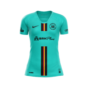 Le maillot Third 2024/2025 est bleu sarcelle avec des bandes verticales noires, rouges et jaunes au centre. Il comporte les logos des sponsors « SRH Plus » sur le devant et « CERFC » sur la manche droite. Un badge d'équipe circulaire noir et blanc est situé sur la poitrine gauche.