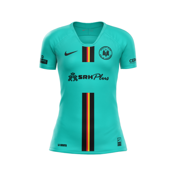 Le maillot Third 2024/2025 est bleu sarcelle avec des bandes verticales noires, rouges et jaunes au centre. Il comporte les logos des sponsors « SRH Plus » sur le devant et « CERFC » sur la manche droite. Un badge d'équipe circulaire noir et blanc est situé sur la poitrine gauche.