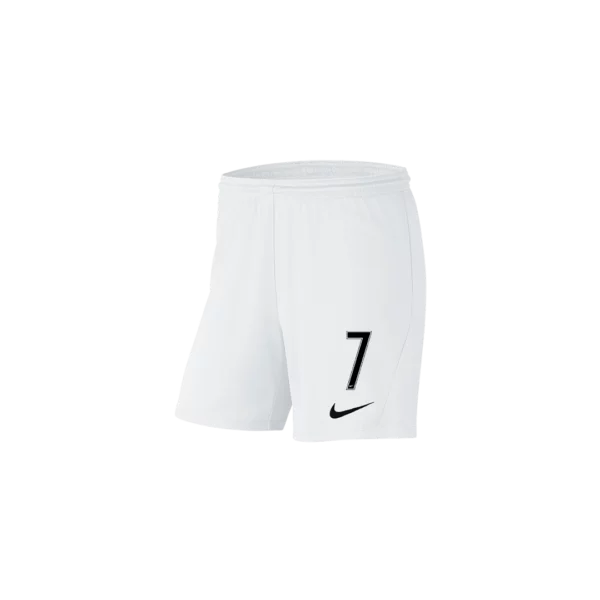Présentation du short 2024/2025 en blanc, arborant un audacieux numéro « 7 » noir sur la jambe droite avec le logo emblématique Nike blanc positionné juste en dessous.