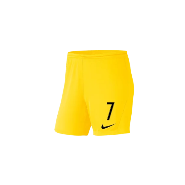 Présentation du short 2024/2025 en jaune, arborant un audacieux numéro « 7 » noir sur la jambe droite avec le logo emblématique Nike blanc positionné juste en dessous.