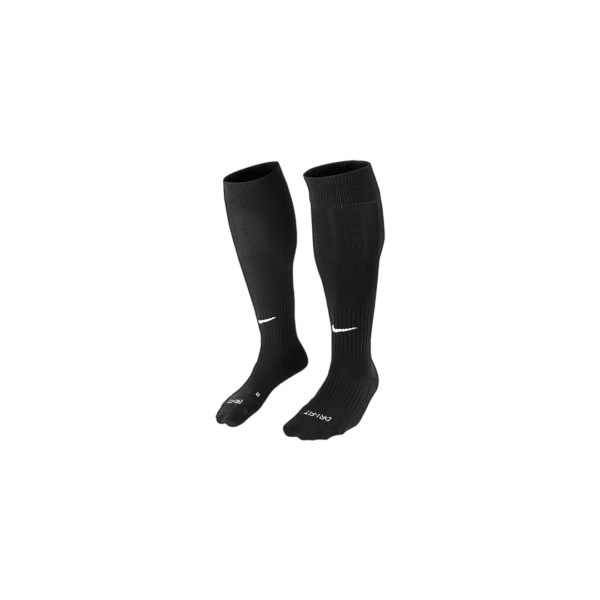 Une paire de chaussettes noires montant jusqu'aux genoux avec des logos Nike blancs près du haut du devant. L'une porte l'inscription « LEFT » sur la zone des orteils, tandis que l'autre porte l'inscription « RIGHT ». Les deux chaussettes comprennent des revers côtelés, ce qui les rend idéales pour les chaussettes 2024/2025.