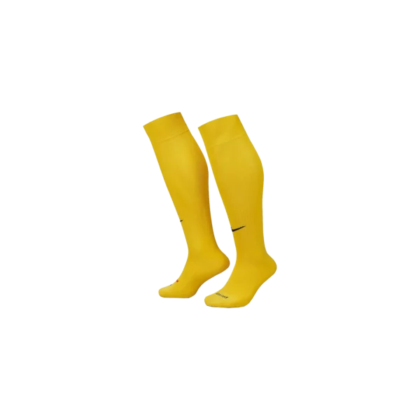 Une paire de chaussettes jaunes montant jusqu'aux genoux avec des logos Nike