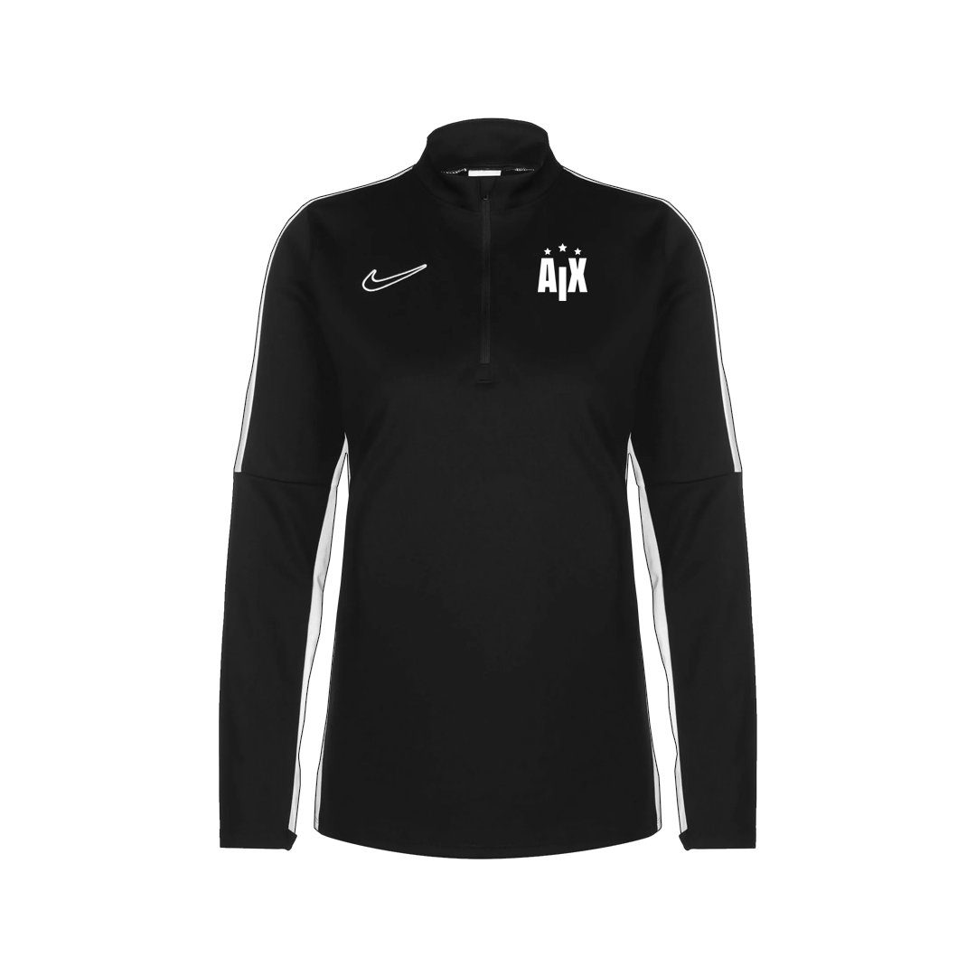 Description du produit : Présentation du Sweat Academy, un maillot de sport à manches longues noir avec des accents blancs qui est parfait pour toute activité sportive. Ce maillot sophistiqué met en valeur un logo Nike sur la poitrine droite et affiche fièrement le logo du club de football Ajax sur la poitrine gauche. Conçu dans un souci de fonctionnalité, il présente un design pratique à quart de zip et un col haut pour plus de confort et de style.