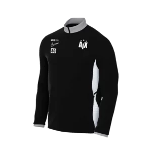 Description du produit : Présentation du Sweat Academy, un maillot de sport à manches longues noir avec des accents blancs qui est parfait pour toute activité sportive. Ce maillot sophistiqué met en valeur un logo Nike sur la poitrine droite et affiche fièrement le logo du club de football Ajax sur la poitrine gauche. Conçu dans un souci de fonctionnalité, il présente un design pratique à quart de zip et un col haut pour plus de confort et de style.
