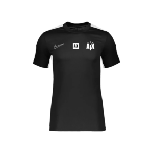 Le maillot de sport noir à manches courtes de l'Aix Fan Academy présente des empiècements latéraux blancs et est orné d'un logo Nike blanc sur la poitrine gauche, d'un logo central blanc « AX » et d'un logo blanc stylisé « AJX » sur la poitrine droite, symbolisant la fierté de l'Aix Fan Academy.