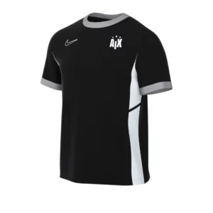Le maillot de sport noir à manches courtes de l'Aix présente des empiècements latéraux blancs et est orné d'un logo Nike blanc sur la poitrine gauche, d'un logo coeur blanc « AIX »