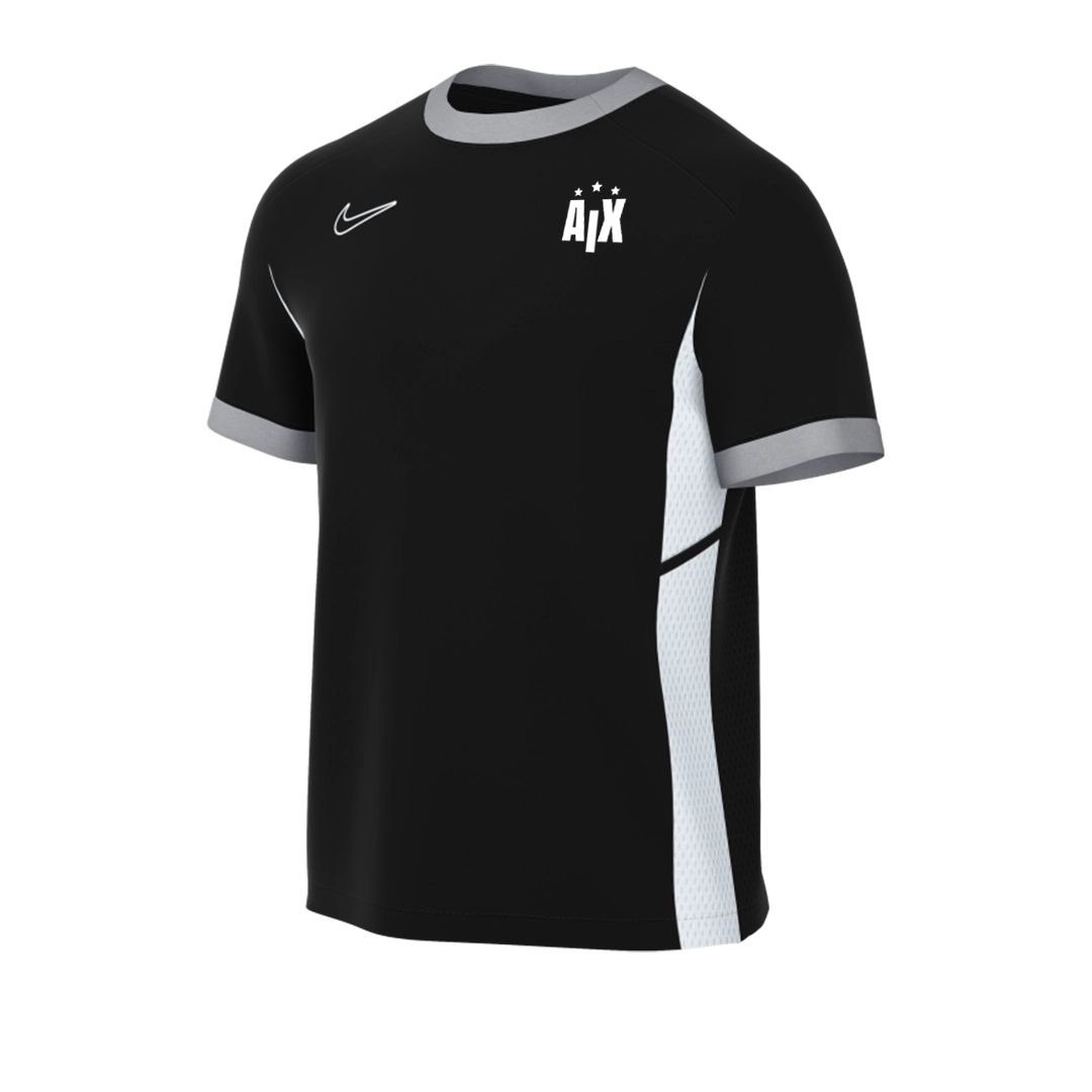 Le maillot de sport noir à manches courtes de l'Aix présente des empiècements latéraux blancs et est orné d'un logo Nike blanc sur la poitrine gauche, d'un logo coeur blanc « AIX »