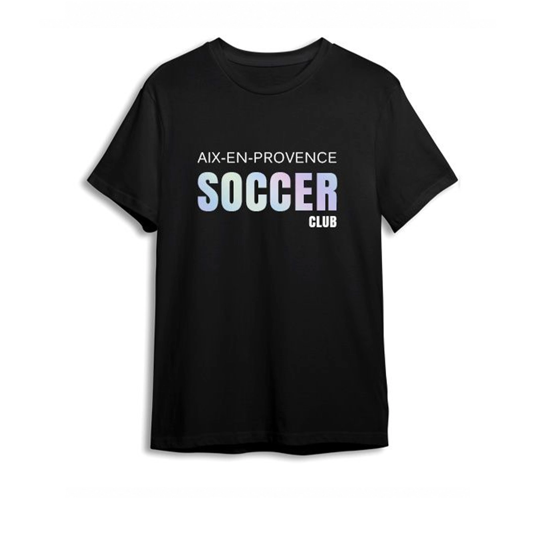 T-shirt SCAF Holographique Simple noir avec écris Aix-en-Provence Soccer Club situé au niveau du centre